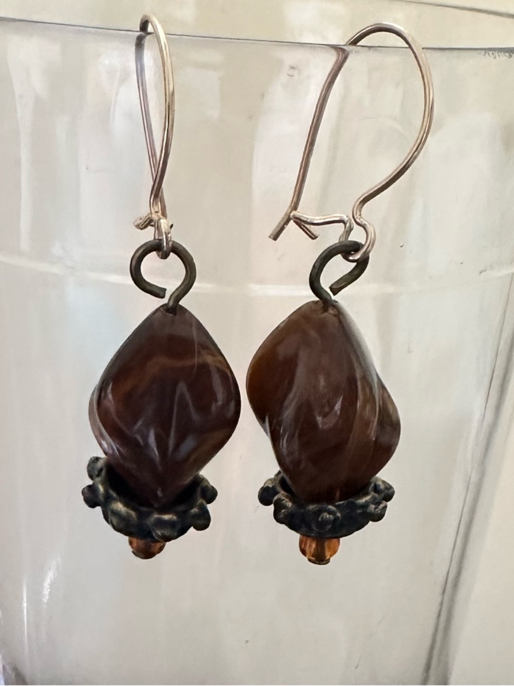 Brown Plastic Bead Drop Earrings with Gold color hooks